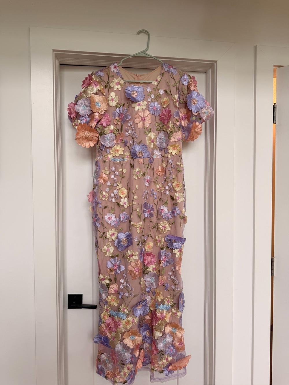 Embellished Floral Mesh Midi Dress in Nude with Pastel Flowers